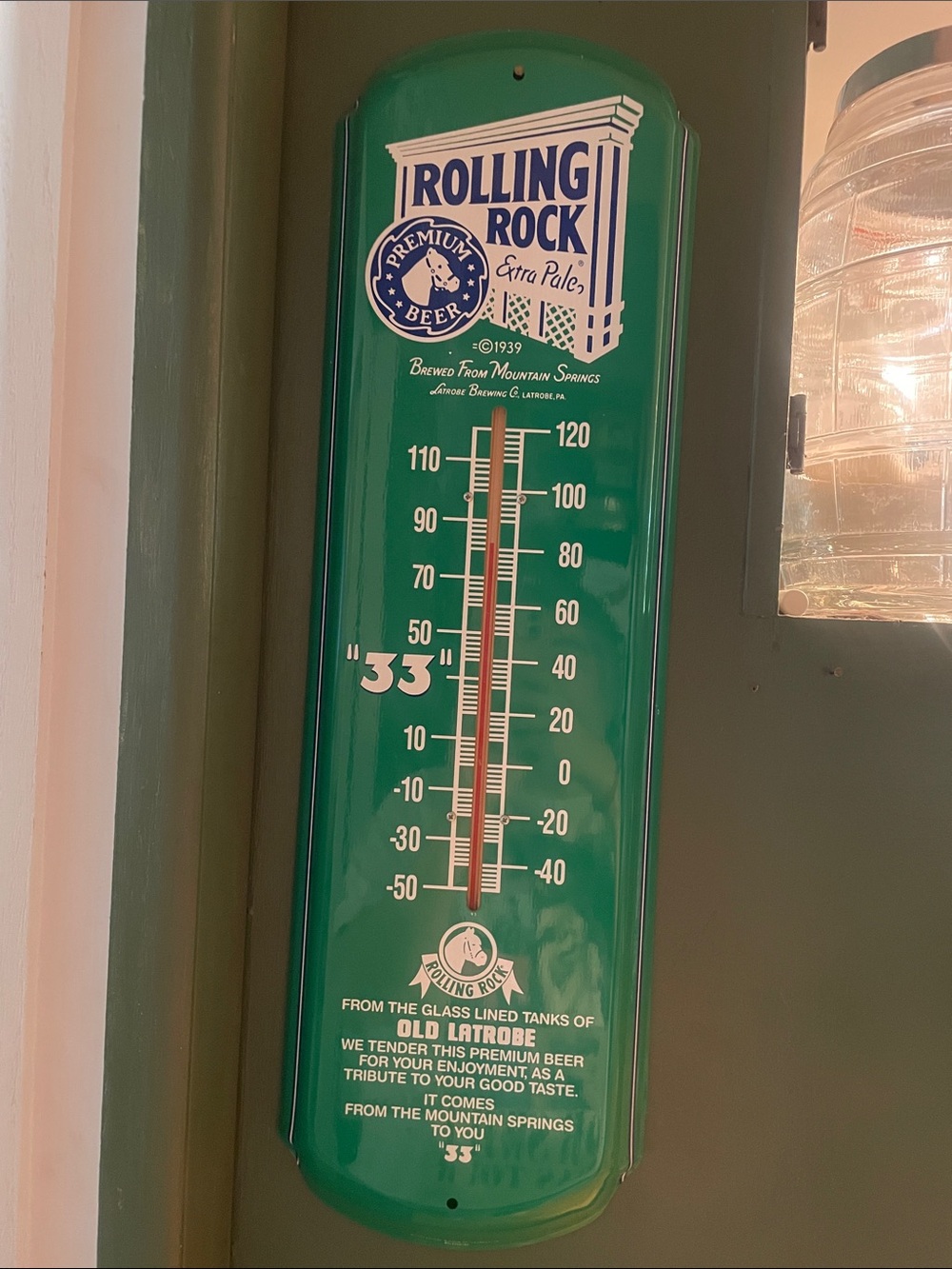 Rolling Rock Green Metal Thermometer Sign